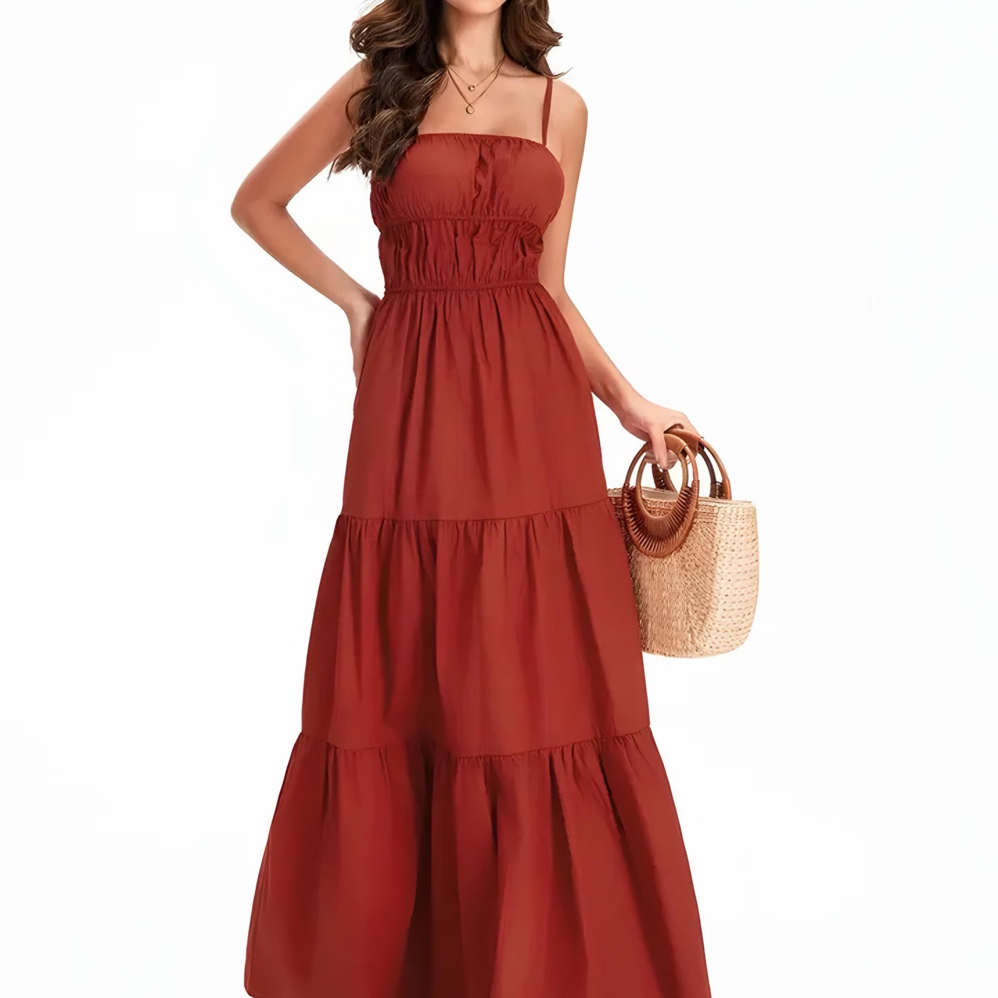 Carmen boho bohemian summer swing long cami dress backless spaghetti straps pleated flared