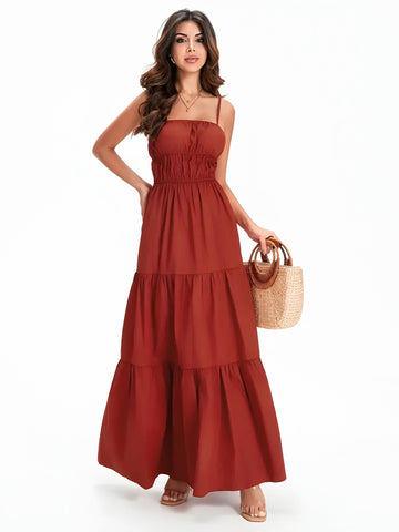 Carmen boho bohemian summer swing long cami dress backless spaghetti straps pleated flared